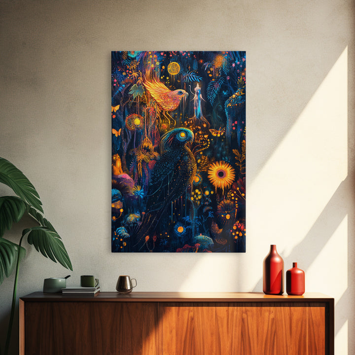 Luminous Birds In Enchanted Jungle Wall Art, Whimsical Fantasy Canvas, Celestial Moon Decor For Boho Maximalist Home Decor