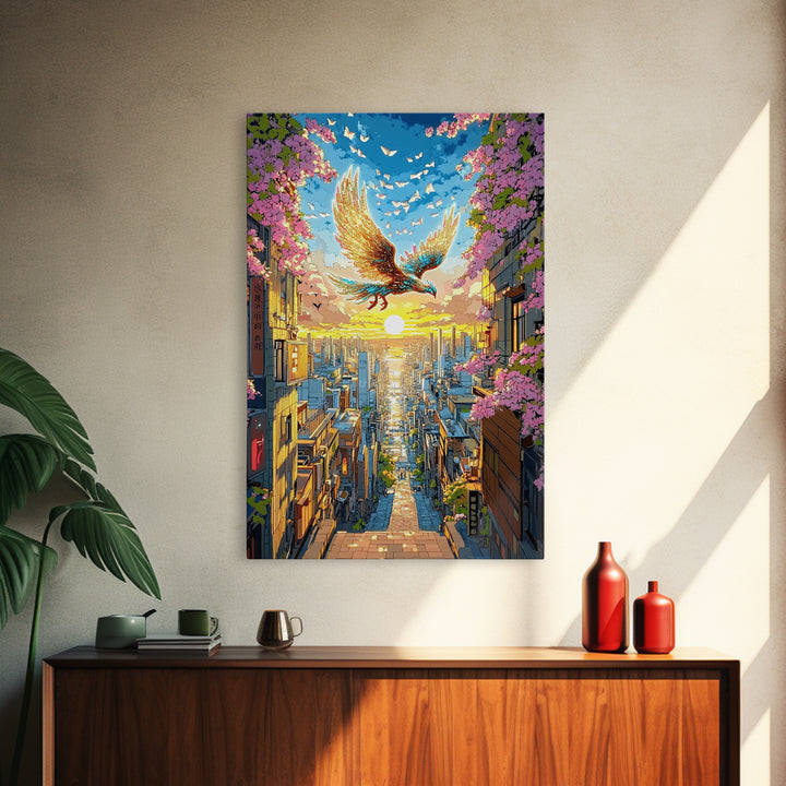 Golden Phoenix Over Sakura City Wall Art, Japanese Fantasy Art Print, Colorful Wall Art, Living Room Wall Decor, Housewarming Gift
