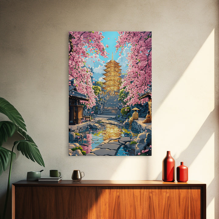 Golden Pagoda Cherry Blossom Framed Canvas Print, Japanese Wall Art, Serene Zen Decor, Living Room Wall Decor, Housewarming Gift For Her