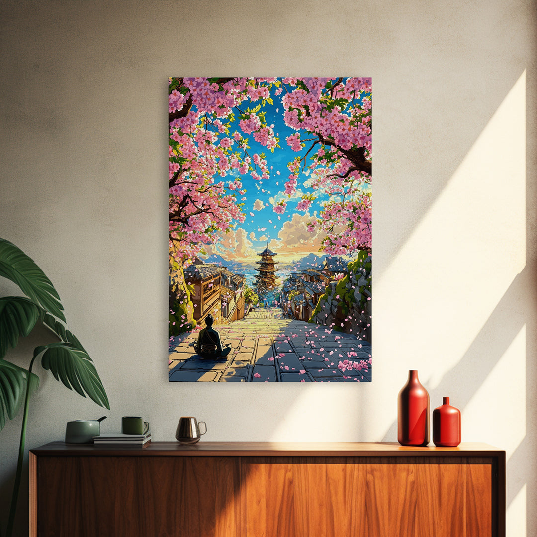Cherry Blossom Steps To Ocean Pagoda Wall Art, Japanese Landscape Print, Coastal Home Decor, Tranquil Living Room Art, Gift For Her