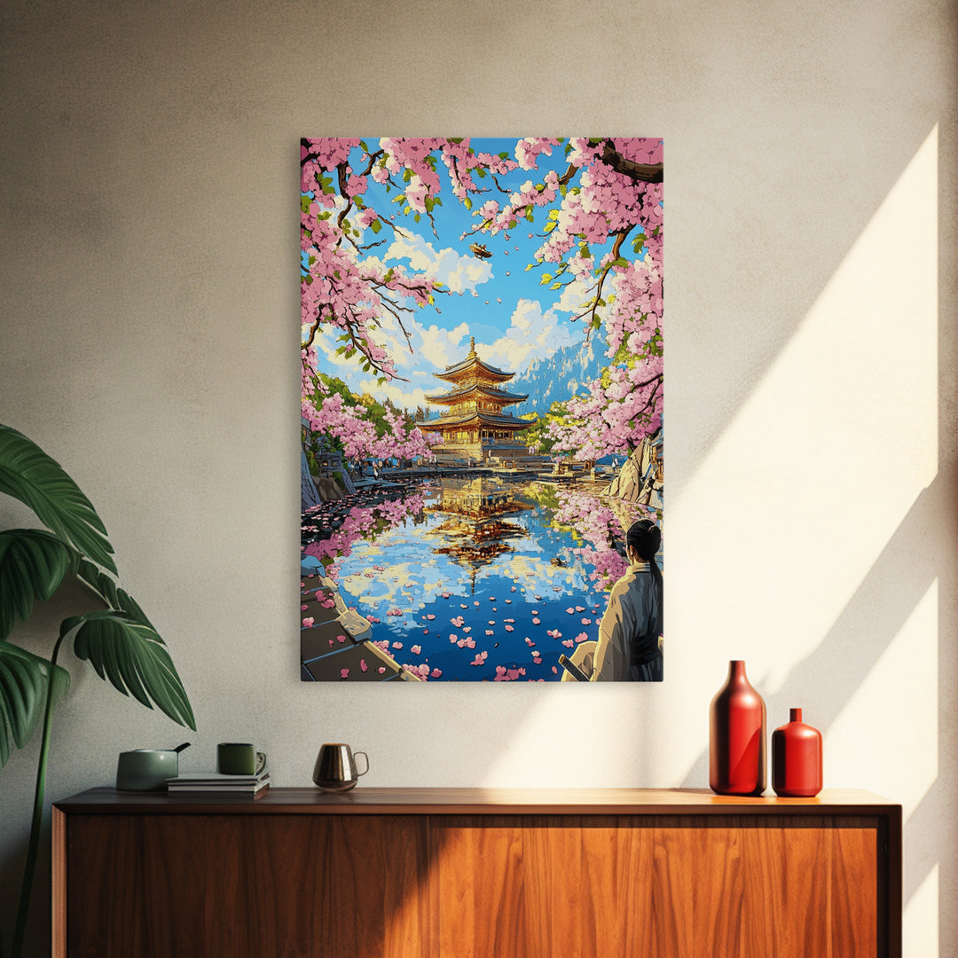 Golden Pagoda Reflected In Sakura Lake Framed Canvas Print, Japanese Wall Art, Mountain Landscape, Serene Zen Decor, Living Room Art