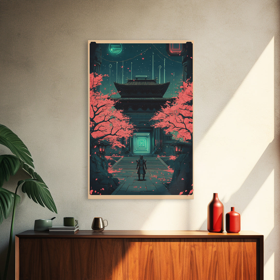 Neon Samurai At Sakura Temple Canvas Print, Cyberpunk Japanese Wall Art, Sci Fi Decor, Gaming Room Wall Decor Gift For Him