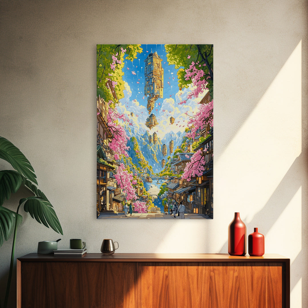Floating Sky Tower Over Sakura Village Wall Art, Japanese Fantasy Landscape, Surreal Art Print, Statement Living Room Decor