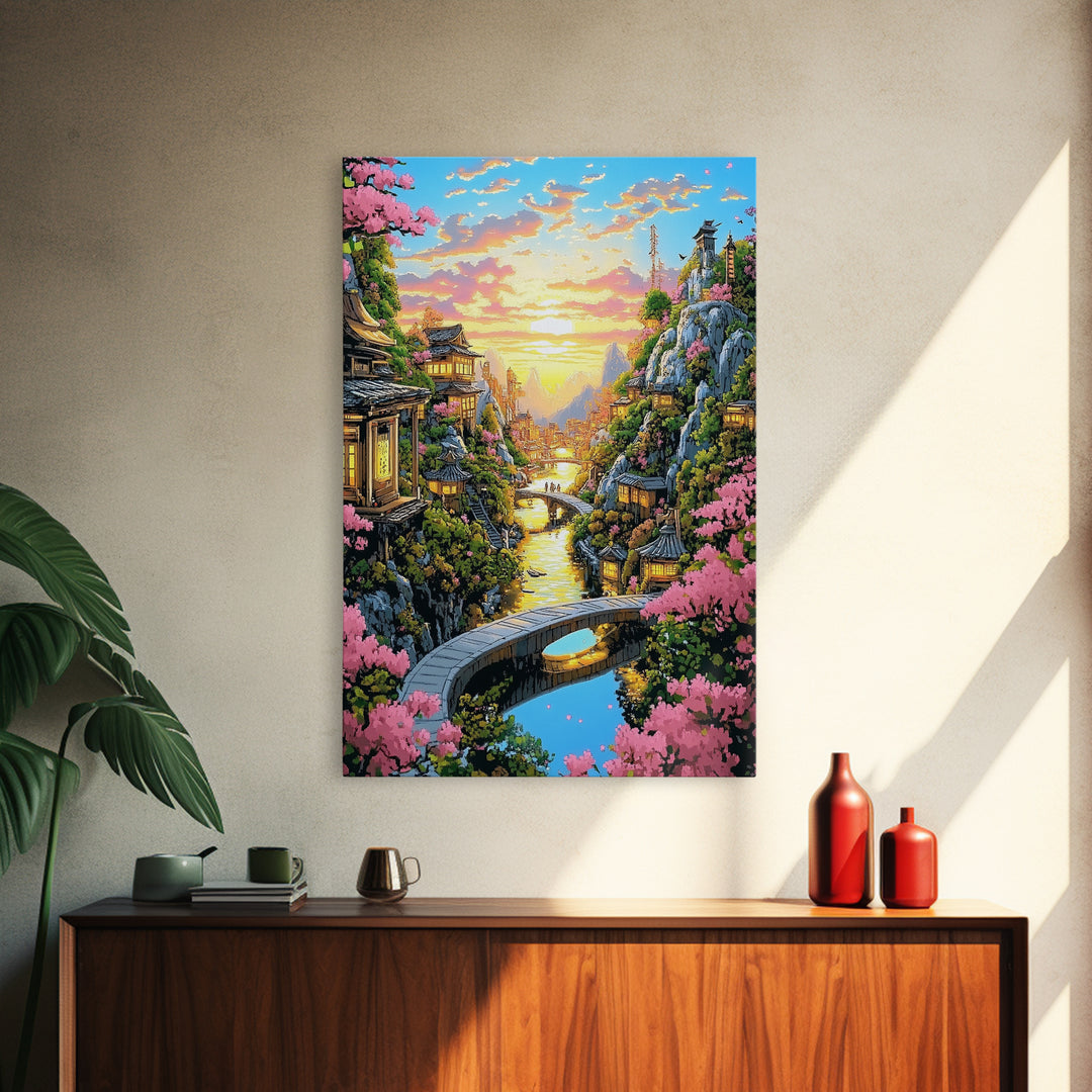 Sunset Canal Village With Sakura Framed Canvas Print, Japanese Landscape Wall Art, Romantic Coastal Home Decor, Gift For Her