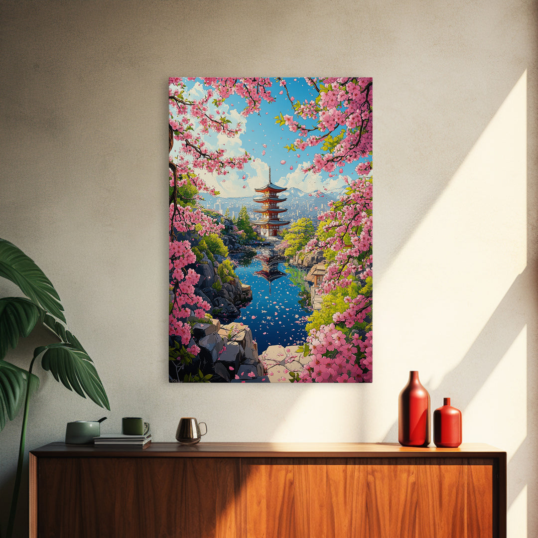 Spring Pagoda With Pink Cherry Blossoms Canvas Print, Japanese Landscape Wall Art, Bright Zen Living Room Decor Gift For Her