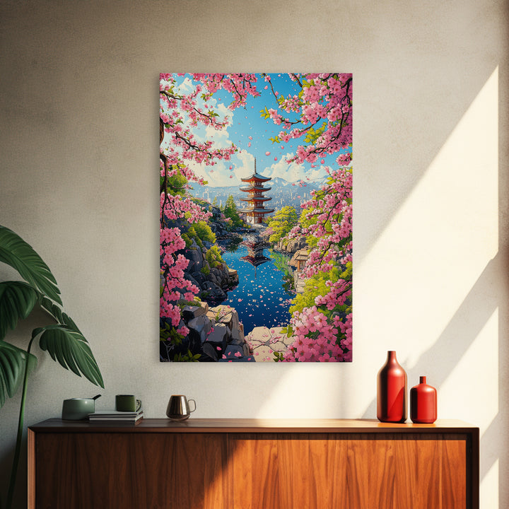 Spring Pagoda With Pink Cherry Blossoms Canvas Print, Japanese Landscape Wall Art, Bright Zen Living Room Decor Gift For Her