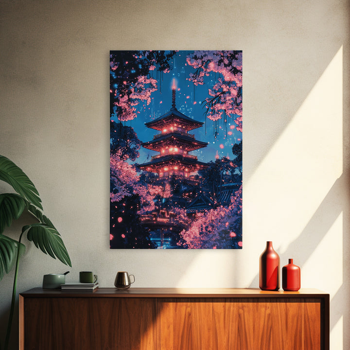 Neon Night Pagoda In Cherry Blossom Rain Framed Canvas Print, Japanese Wall Art, Cyberpunk Cherry Blossom Decor For Modern Living Room