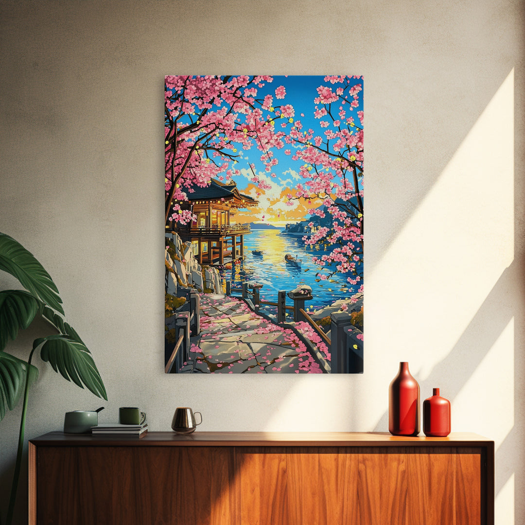 Sunset Seaside Temple With Cherry Blossoms Framed Canvas Print, Japanese Coastal Wall Art, Bright Zen Home Decor Gift For Her