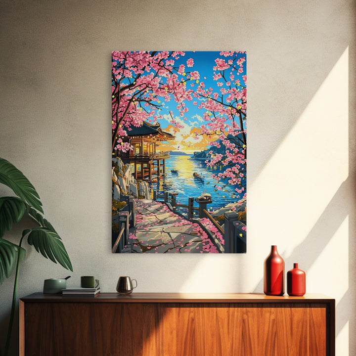 Sunset Seaside Temple With Cherry Blossoms Framed Canvas Print, Japanese Coastal Wall Art, Bright Zen Home Decor Gift For Her