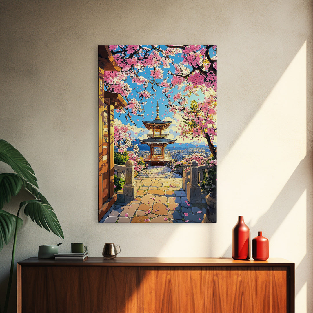 Hilltop Pagoda Under Pink Cherry Blossoms Canvas Print, Japanese Cityscape Wall Art, Bright Spring Decor For Living Room