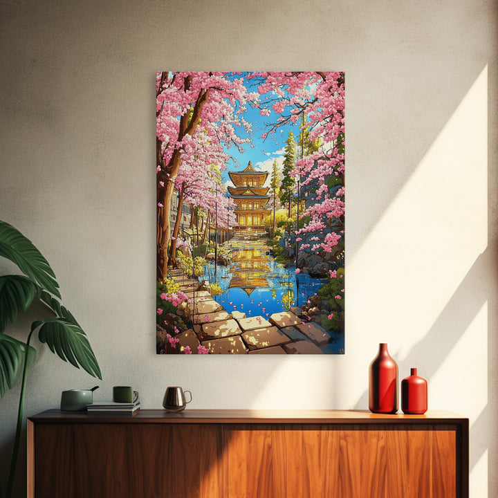 Golden Temple Reflected In Cherry Blossom Canal Wall Art, Japanese Garden Canvas Print, Colorful Spring Living Room Decor