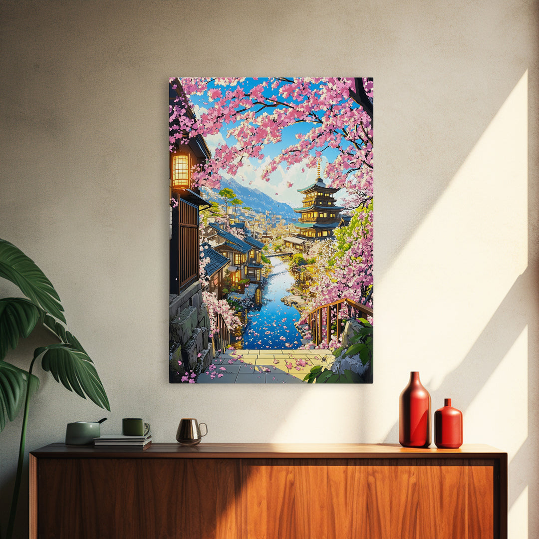 Cherry Blossom Hillside Town With Pagoda Framed Canvas Print, Japanese Cityscape Wall Art, Coastal Spring Home Decor Gift For Her