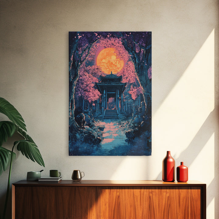 Full Moon Shrine In Pink Cherry Blossom Grove Wall Art, Mystical Japanese Landscape Print, Moody Celestial Bedroom Decor