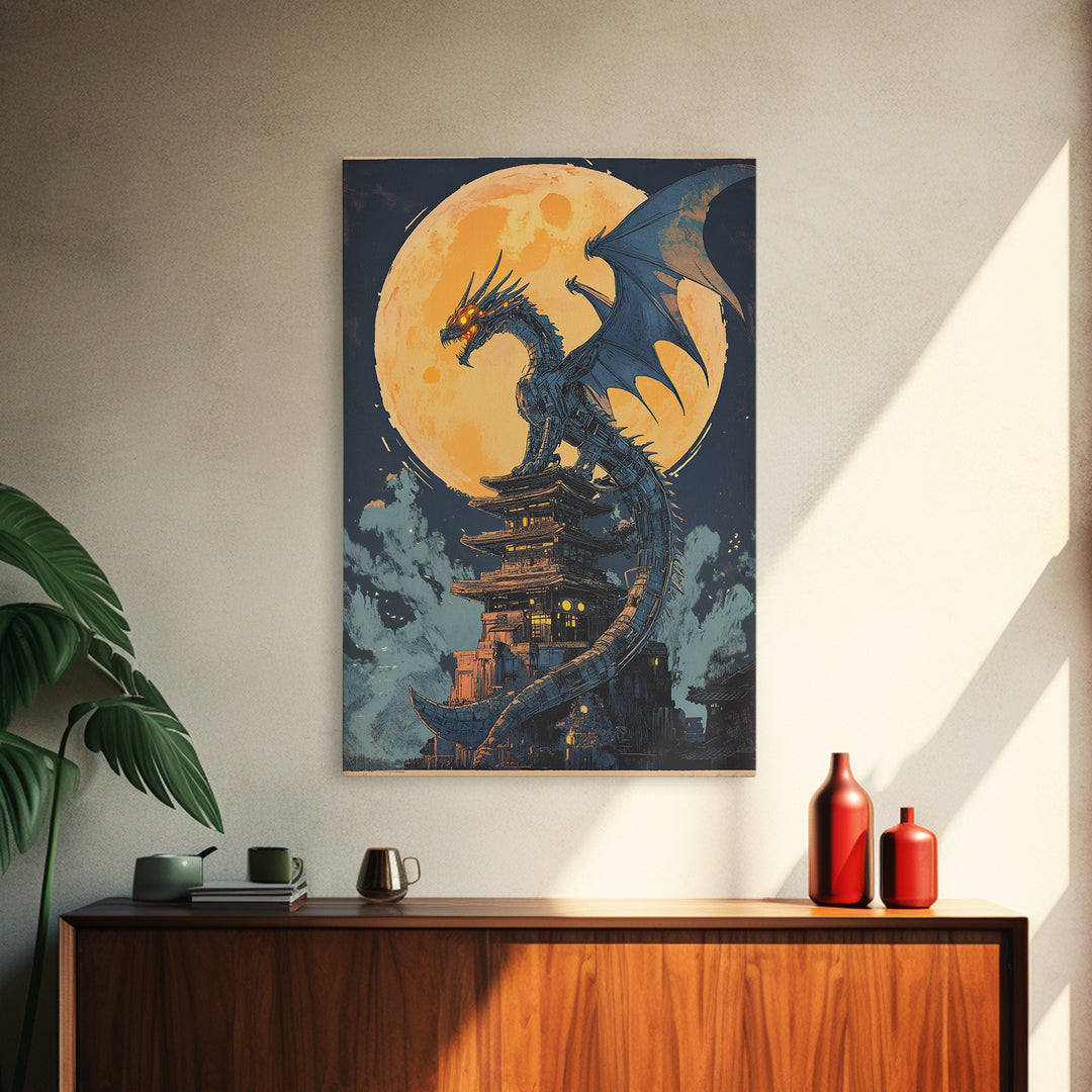 Full Moon Dragon Pagoda Wall Art, Dark Fantasy Print, Gothic Japanese Decor, Moody Canvas Wall Art Gift For Him, Office Decor
