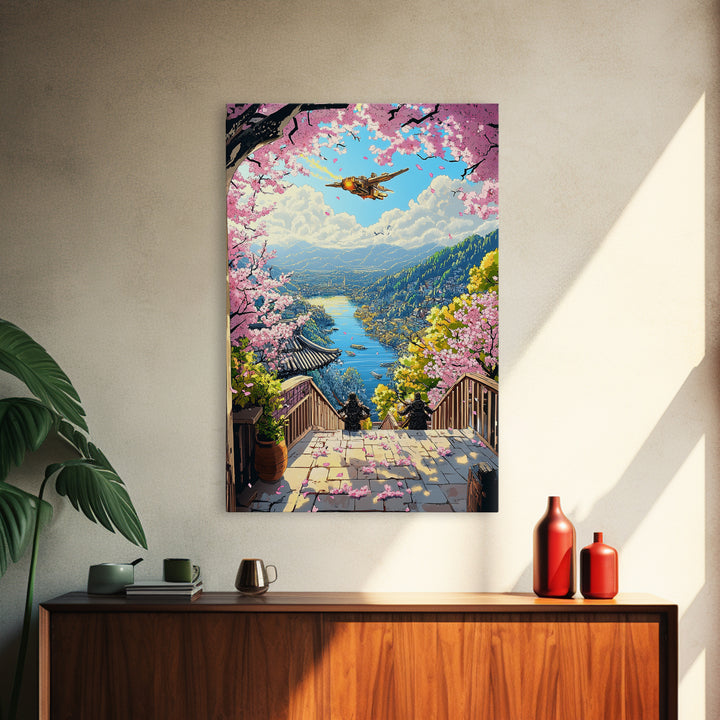 Airship Over Sakura Lake Wall Art, Fantasy Landscape Print, Japanese Mountain Decor, Whimsical Home Decor Gift For Her