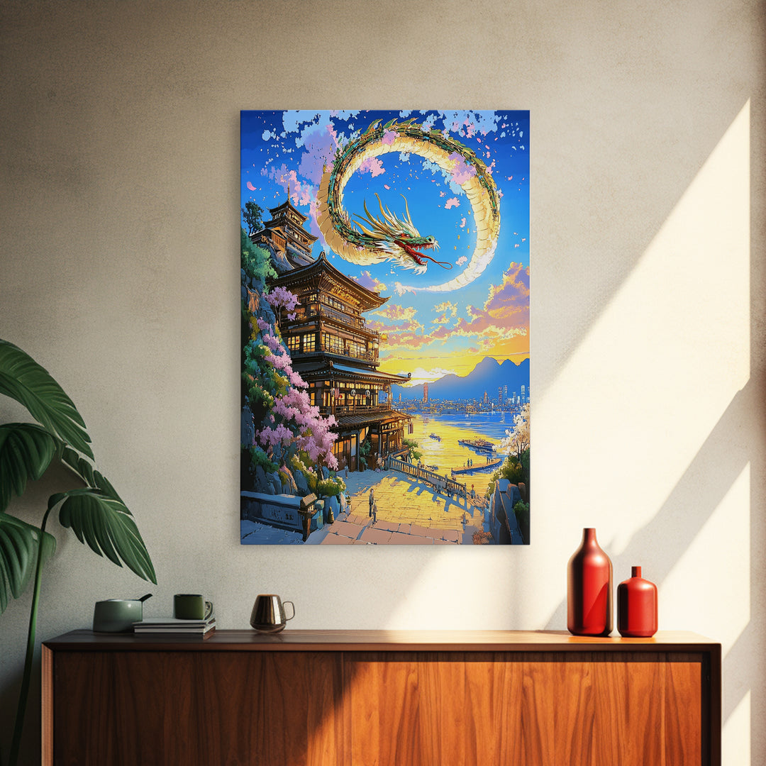 Crescent Dragon Seaside Temple Framed Canvas Print, Japanese Wall Art, Fantasy Coastal Decor, Statement Home Decor Gift