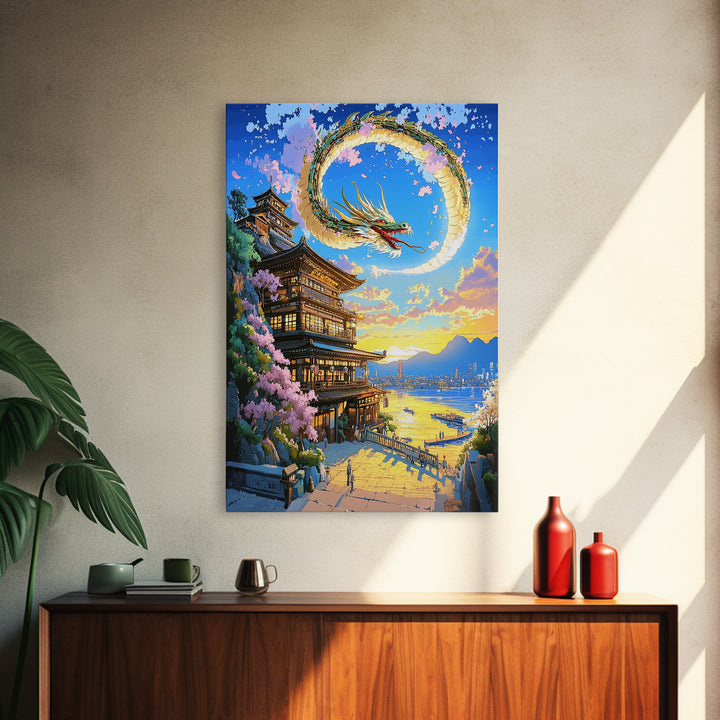 Crescent Dragon Seaside Temple Framed Canvas Print, Japanese Wall Art, Fantasy Coastal Decor, Statement Home Decor Gift
