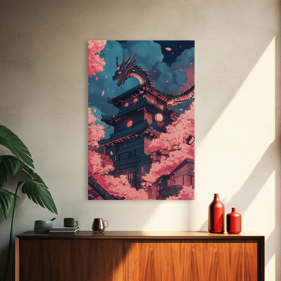 Cherry Blossom Dragon Tower Wall Art, Japanese Fantasy Canvas Print, Anime Pagoda Decor, Sakura Night Living Room Art Home Decor