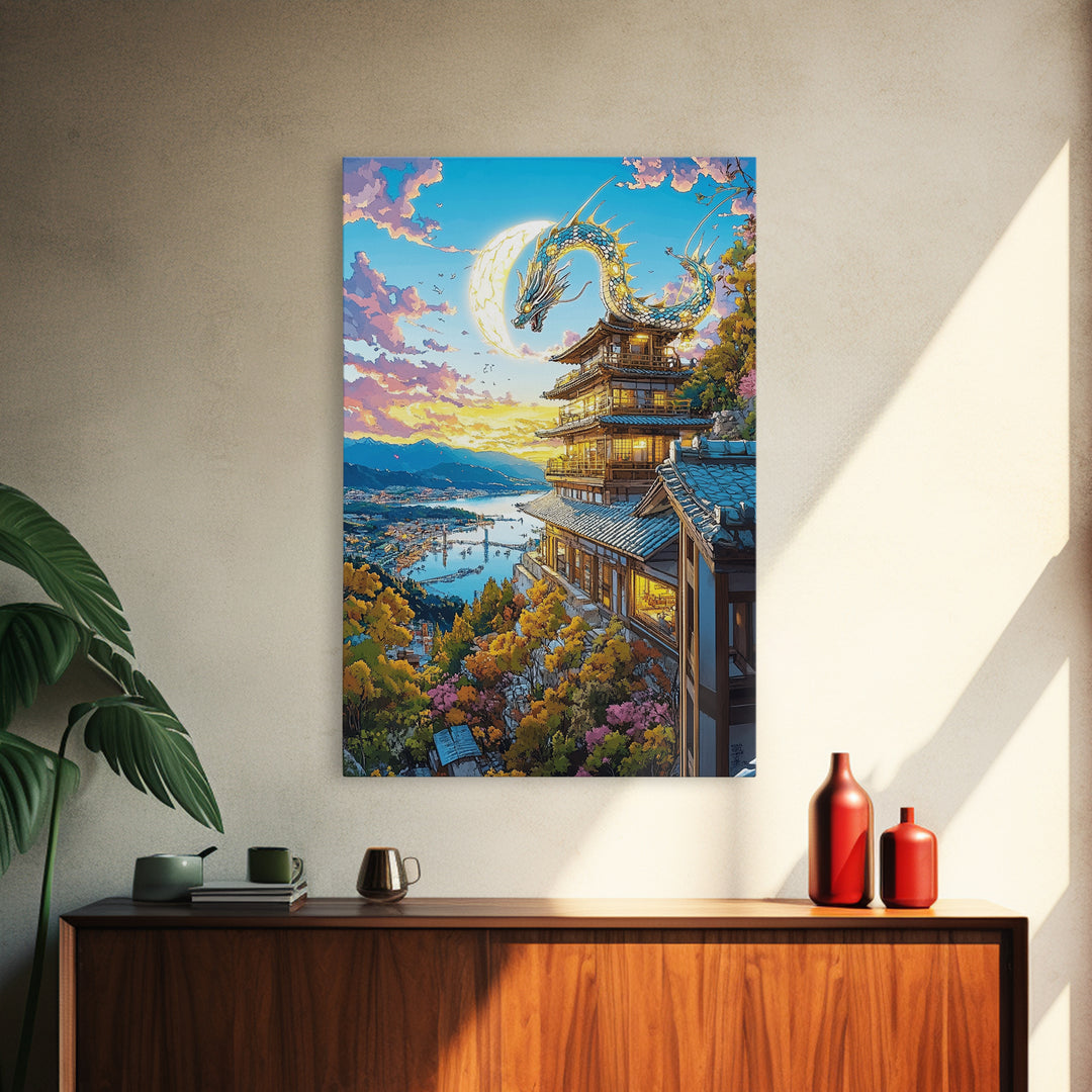 Golden Moon Dragon Temple Framed Canvas Print, Japanese Fantasy Wall Art, Sakura Landscape Decor, Living Room Art Home Decor