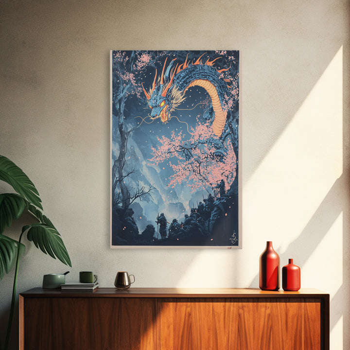 Blue Mountain Dragon Wall Art, Japanese Cherry Blossom Canvas Print, Ukiyo E Fantasy Decor, Asian Inspired Living Room Art Print