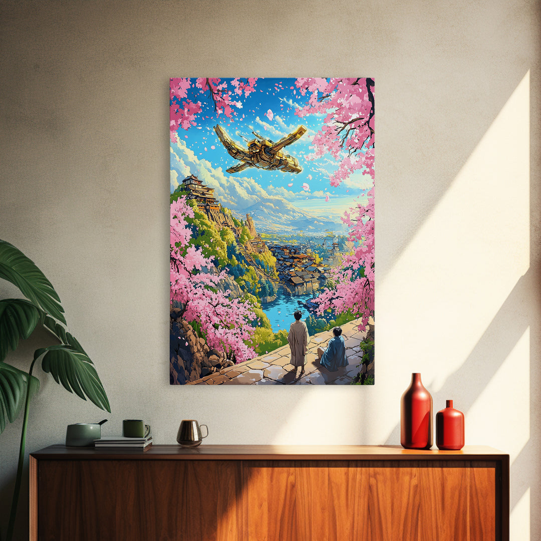Flying Golden Airship Wall Art, Anime Sakura City Canvas Print, Japanese Fantasy Landscape Decor, Living Room Art Gift For Him