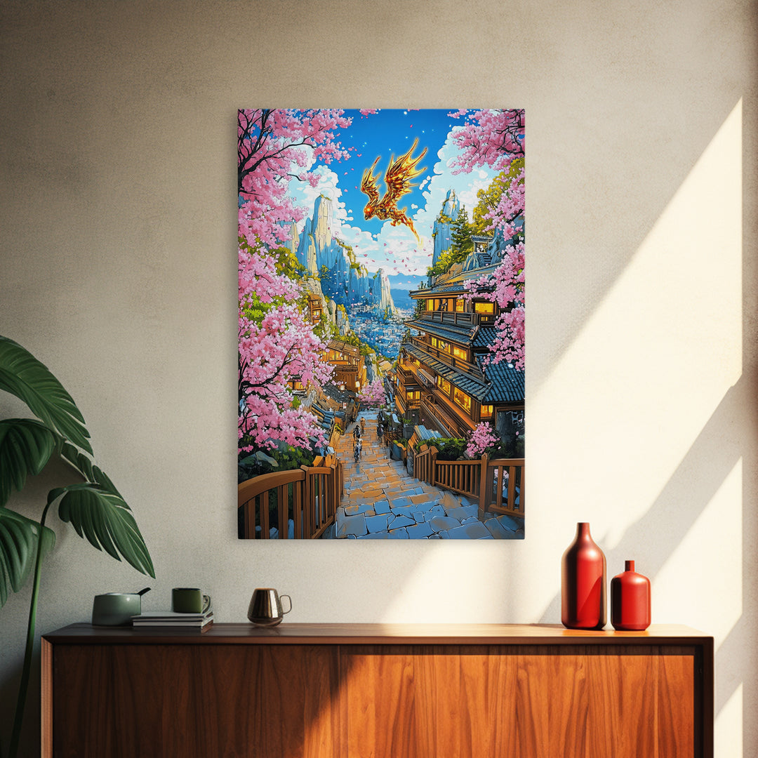 Golden Dragon Mountain Village Wall Art, Japanese Sakura Canvas Print, Anime Fantasy Landscape Decor, Colorful Living Room Art
