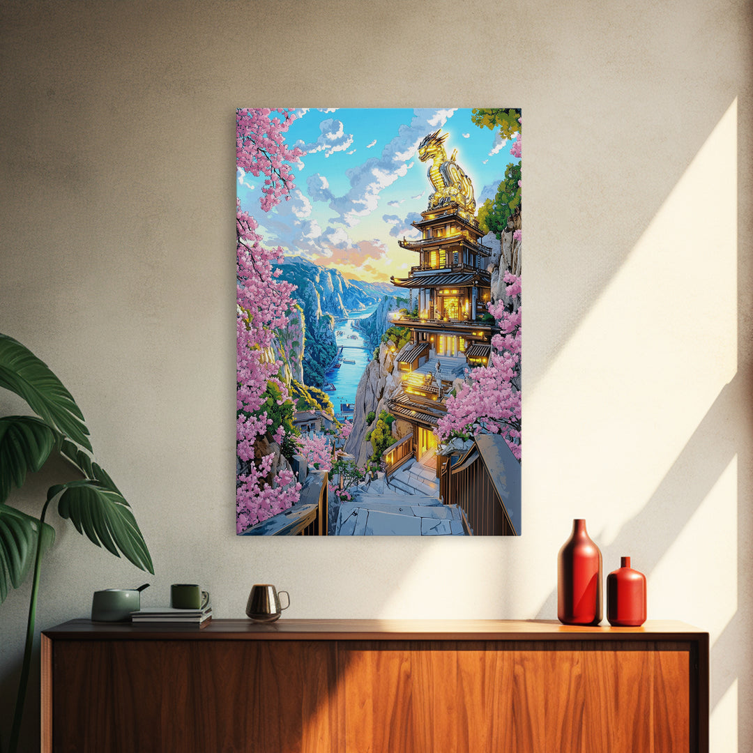 Cliffside Dragon Temple Framed Canvas Print, Sakura Mountain Landscape Wall Art, Japanese Fantasy Decor, Large Living Room Art