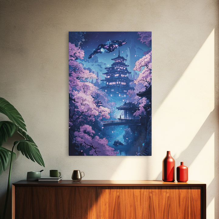 Futuristic Sakura Pagoda Wall Art, Purple Cherry Blossom Canvas Print, Sci Fi Japanese Landscape Decor, Bedroom Wall Art Gift For Her