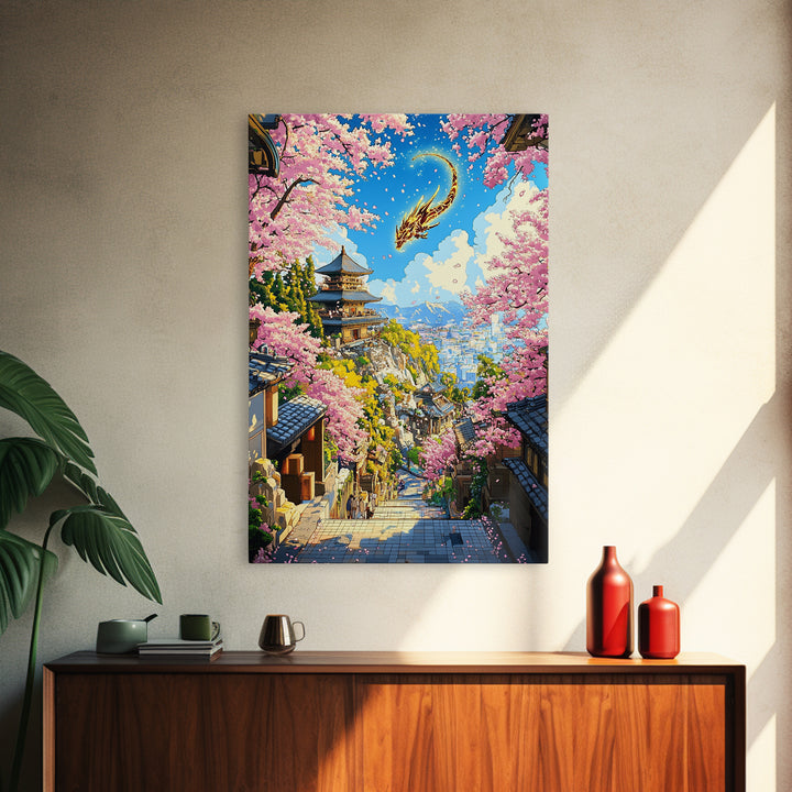 Golden Dragon Over Kyoto Pagoda Wall Art, Japanese Cherry Blossom Fantasy, Anime Landscape, Asian Home Decor, Living Room Art