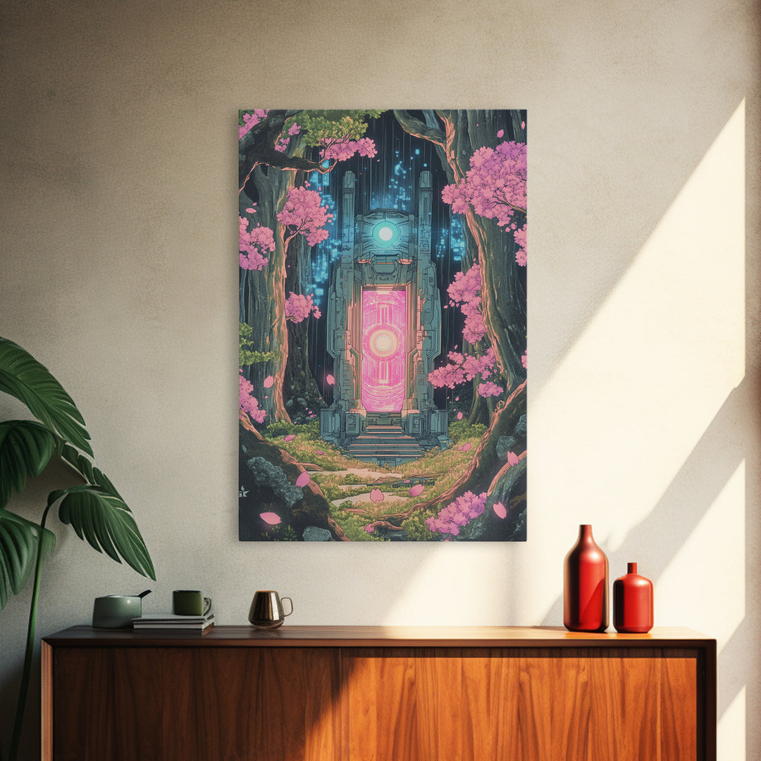Neon Portal In Cherry Forest Framed Canvas Print, Cyberpunk Fantasy Wall Decor, Sci Fi Art, Modern Japanese Wall Art, Gaming Room Decor