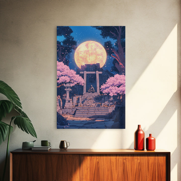 Glowing Moon Shrine With Meditating Monk Canvas Print, Japanese Wall Art, Cherry Blossom Decor, Zen Fantasy Living Room Art