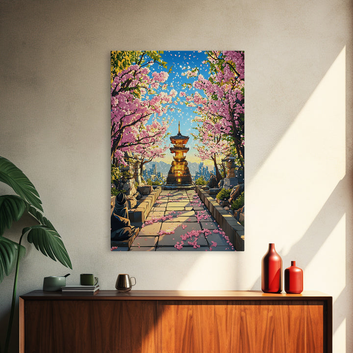 Cherry Blossom Pagoda Path Wall Art, Japanese Temple Landscape, Anime City Skyline, Spring Decor, Large Framed Canvas Print