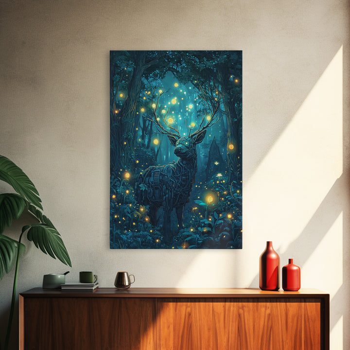 Mechanical Deer In Enchanted Forest Wall Art, Glowing Firefly Fantasy, Cyberpunk Animal Art, Whimsical Nature Canvas Print