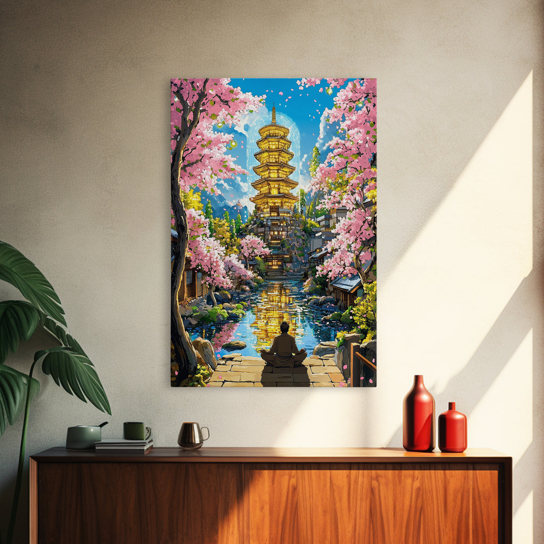 Golden Pagoda Reflecting On Canal Framed Canvas Print, Japanese Cherry Blossom Wall Art, Zen Landscape, Asian Home Decor