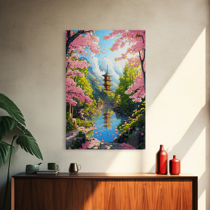 Cherry Blossom River Pagoda Canvas Print, Japanese Mountain Landscape Wall Art, Spring Nature Decor, Calming Living Room Art