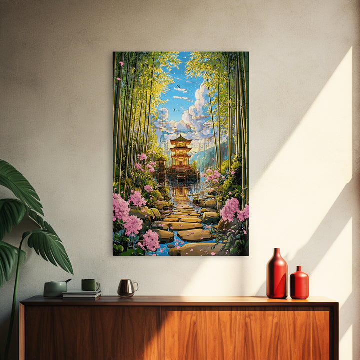 Bamboo Grove Temple Over Water Wall Art, Japanese Zen Landscape, Cherry Blossom Path, Japandi Decor, Framed Canvas Print