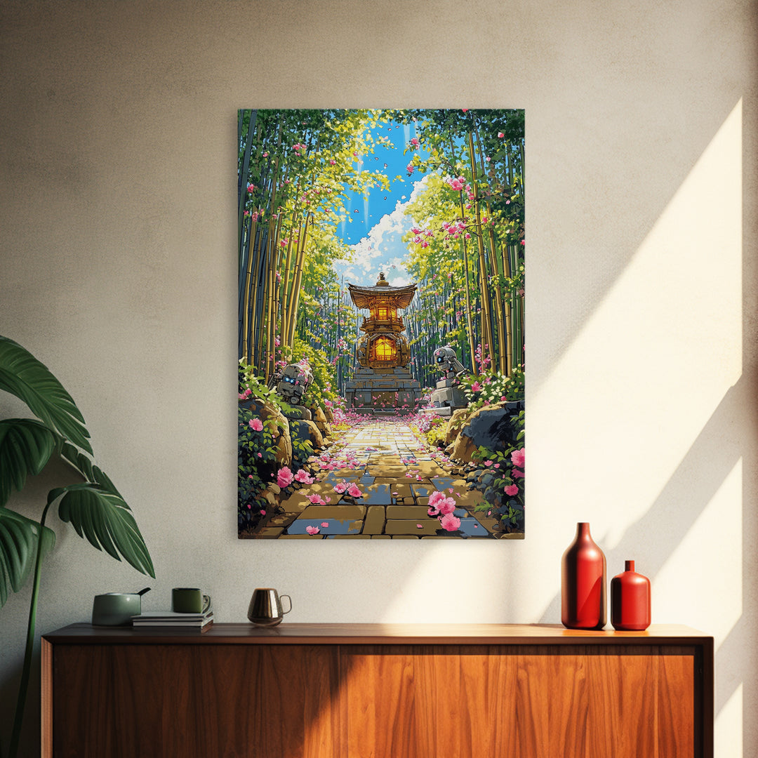 Sunlit Bamboo Garden Shrine Wall Art, Japanese Lantern Path, Pink Flower Decor, Zen Nature Art, Large Framed Canvas Print