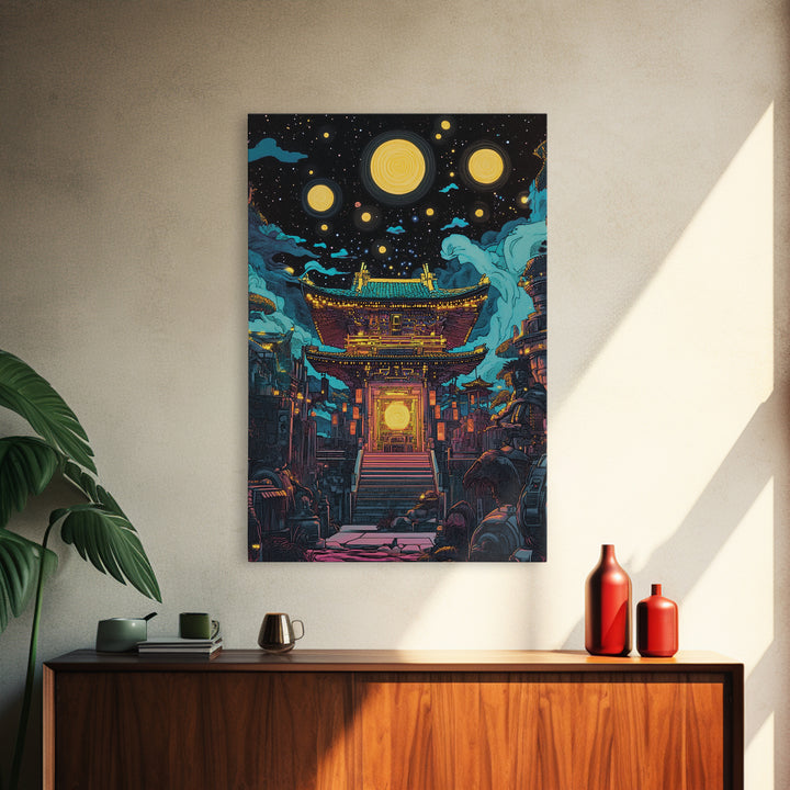 Starry Night Japanese Temple Wall Art, Glowing Moon Sci Fi Fantasy, Asian Cyberpunk Decor, Dark Academia Canvas Print, Home Decor