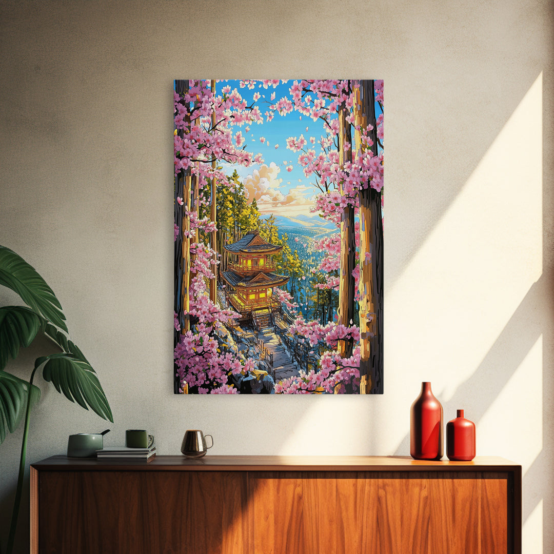 Cherry Blossom Pagoda Forest Wall Art, Japanese Landscape Canvas, Sakura Temple Print, Japandi Home Decor Gift For Living Room
