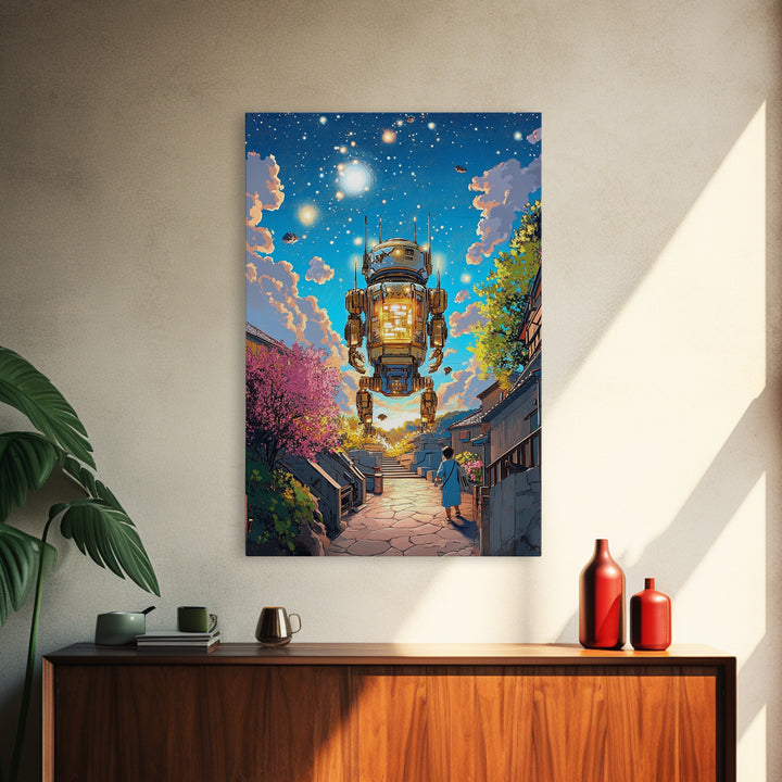 Floating Lantern Robot Wall Art, Futuristic Japanese Street Canvas Print, Cyberpunk Sakura Village Sci Fi Home Decor Gift