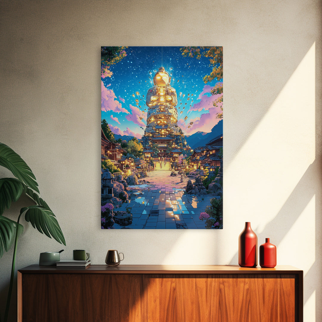 Golden Futuristic Buddha Temple Wall Art, Cyberpunk Japanese Village Canvas Print, Spiritual Sci Fi Decor For Meditation Room