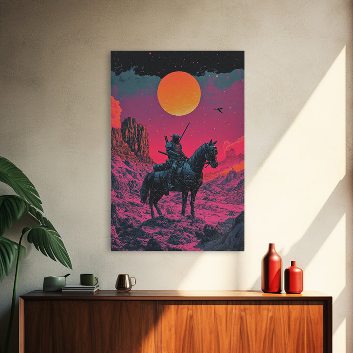 Samurai Horseback Desert Wall Art, Orange Sun Western Japanese Canvas Print, Retro Futuristic Warrior Decor Gift For Man Cave