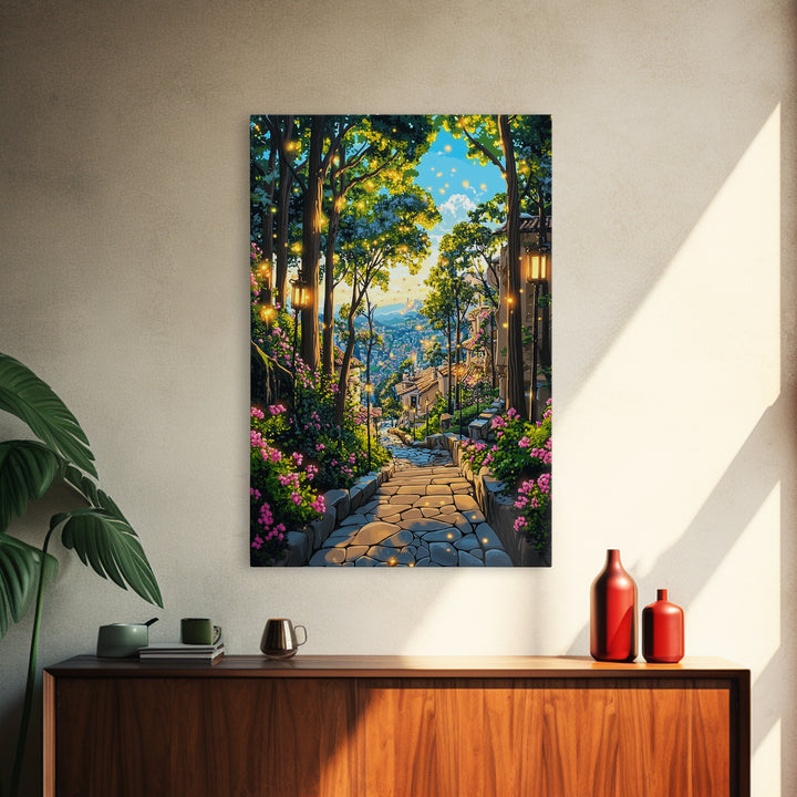 Glowing Forest Stairway Wall Art, Lantern Garden Path Canvas Print, Whimsical Coastal Village Decor For Living Room Gift