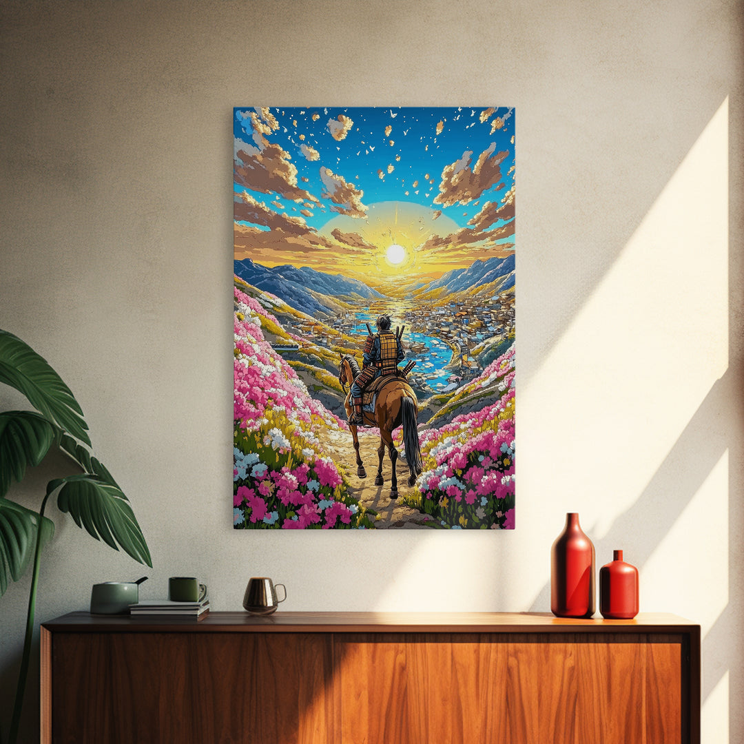 Horseback Warrior Valley Wall Art, Sunrise Mountain Landscape Canvas Print, Pink Flower Meadow Japanese Decor Gift For Home