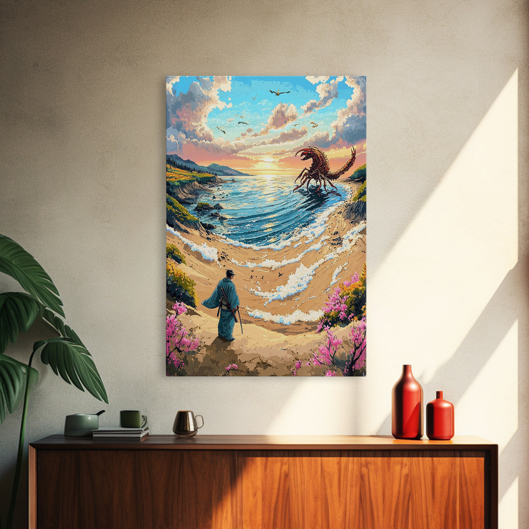 Giant Scorpion Seaside Wall Art, Samurai Beach Landscape Canvas Print, Fantasy Ocean Monster Japanese Decor Gift For Home