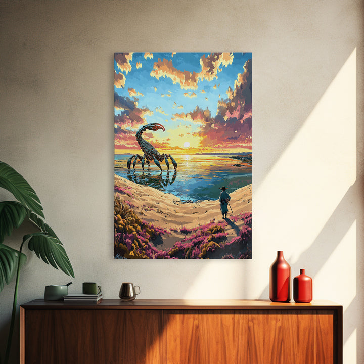 Giant Scorpion Beach Sunset Wall Art, Surreal Fantasy Landscape Canvas, Coastal Sci Fi Decor, Unique Gift For Him, Statement Artwork