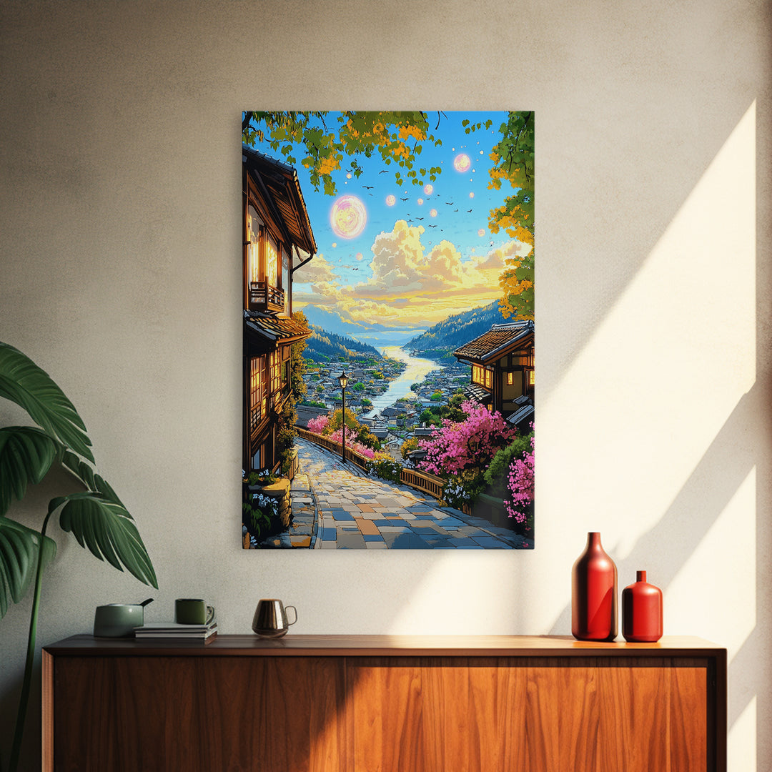 Magical Japanese Lakeside Village Canvas Print, Sunset Mountain Wall Decor, Cherry Blossom Art, Japandi Home Decor Gift Idea