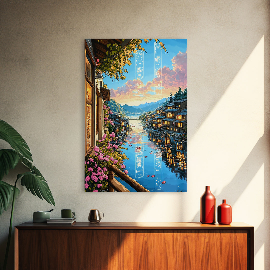 Glowing Canal Village Framed Canvas Print, Japanese Landscape Wall Art, Cherry Blossom Decor, Fantasy Travel Poster Gift