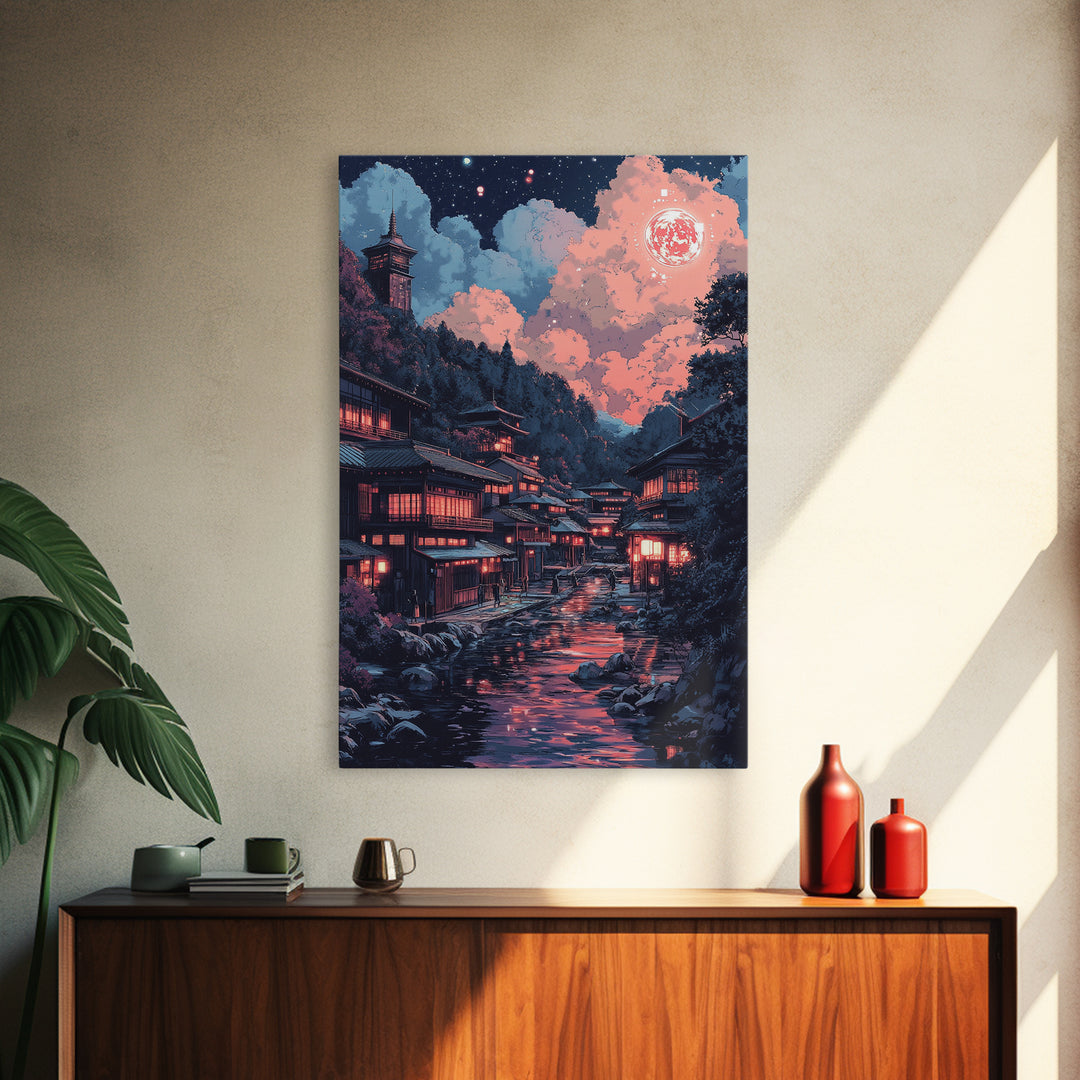 Red Moon Japanese River Village Wall Art, Night Lantern Landscape, Dark Academia Decor, Moody Fantasy Canvas Print For Living Room
