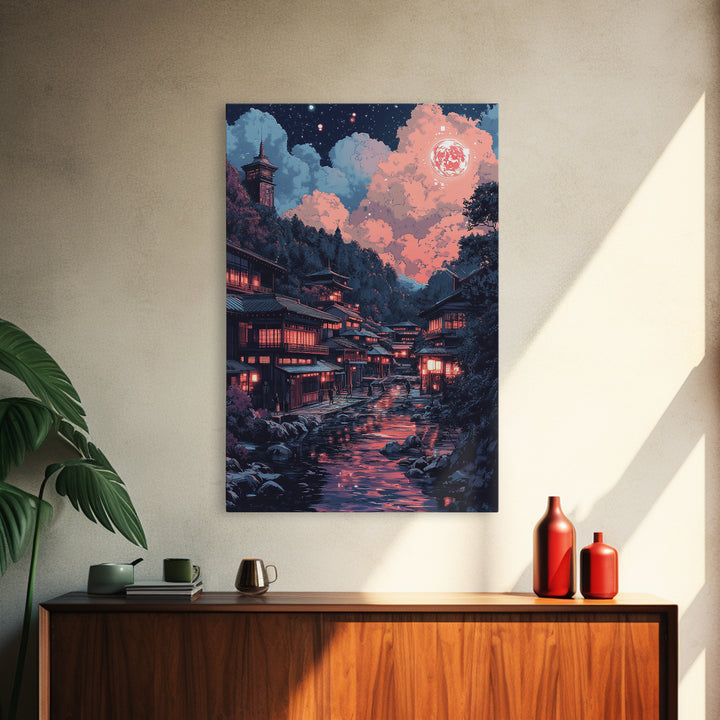 Red Moon Japanese River Village Wall Art, Night Lantern Landscape, Dark Academia Decor, Moody Fantasy Canvas Print For Living Room